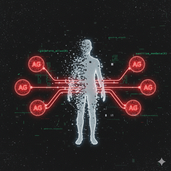 Ilustración digital sobre fondo negro con grano analógico. En el centro, una silueta humana blanca se fragmenta en píxeles. De la silueta parten conexiones rojas hacia seis nodos circulares con el logo 'AG' en su interior. Sobre la imagen flotan fragmentos de código técnico como 'generate_alias' y 'sanitize_metadata' en color verde neón.