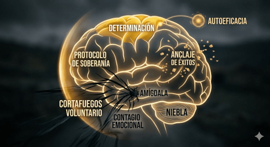 Visualización conceptual de la psicología de la determinación: Un cerebro humano de perfil con la amígdala generando energía oscura ('Contagio Emocional' y 'Niebla'). Desde el córtex prefrontal, una luz cálida y dorada ('Determinación', 'Autoeficacia') forma un blindaje etiquetado como 'CORTAFUEGOS VOLUNTARIO', repeliendo activamente el caos oscuro y validando el 'ANCLAJE DE ÉXITOS' en la corteza cerebral.